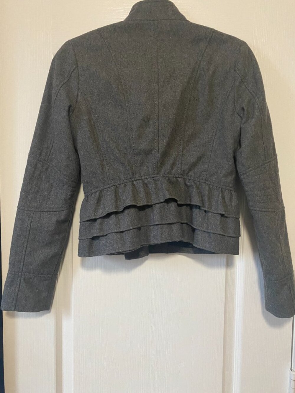Vintage Express Gray Wool Double Breasted Military Ruffle Peplum Preppy Jacket - Picture 9 of 12